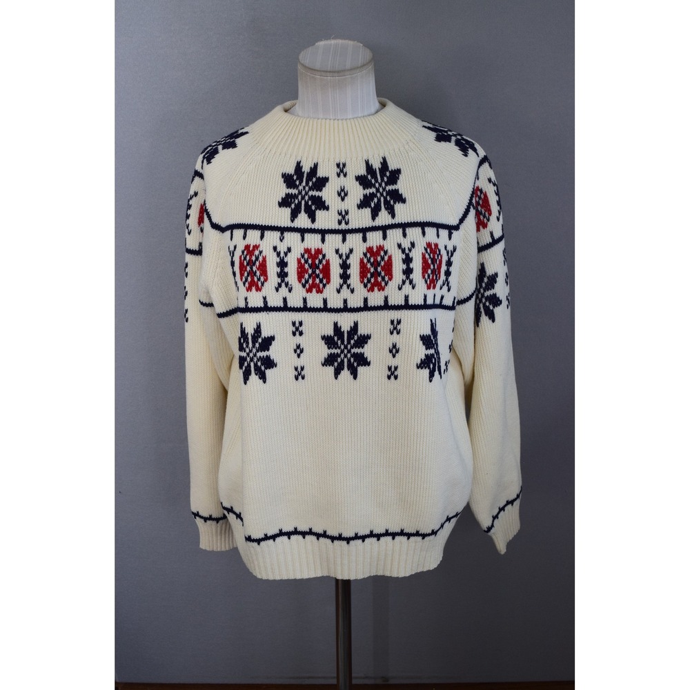 JCPenney Sweater Medium Cream Nordic Snowflake Fair Isle Mens Vintage Acrylic